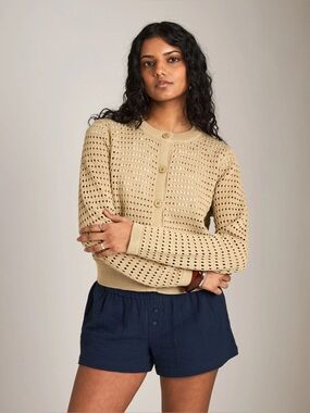 Beige Openwork Knit Button-Up Cardigan
